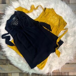 EUC. Maeve {Anthro} Bundle! Navy Blue Yellow Sleeveless Blouse Sash Top | 2 ⋅ XS